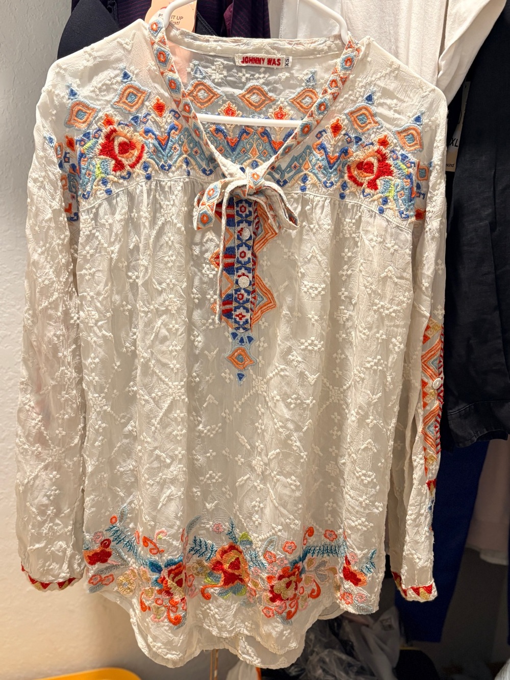 Johnny Was Cream Embroidered Peasant Tunic with Multi-Color Floral Detail